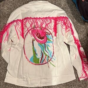 Women's White Jacket with Pink Fringe small new